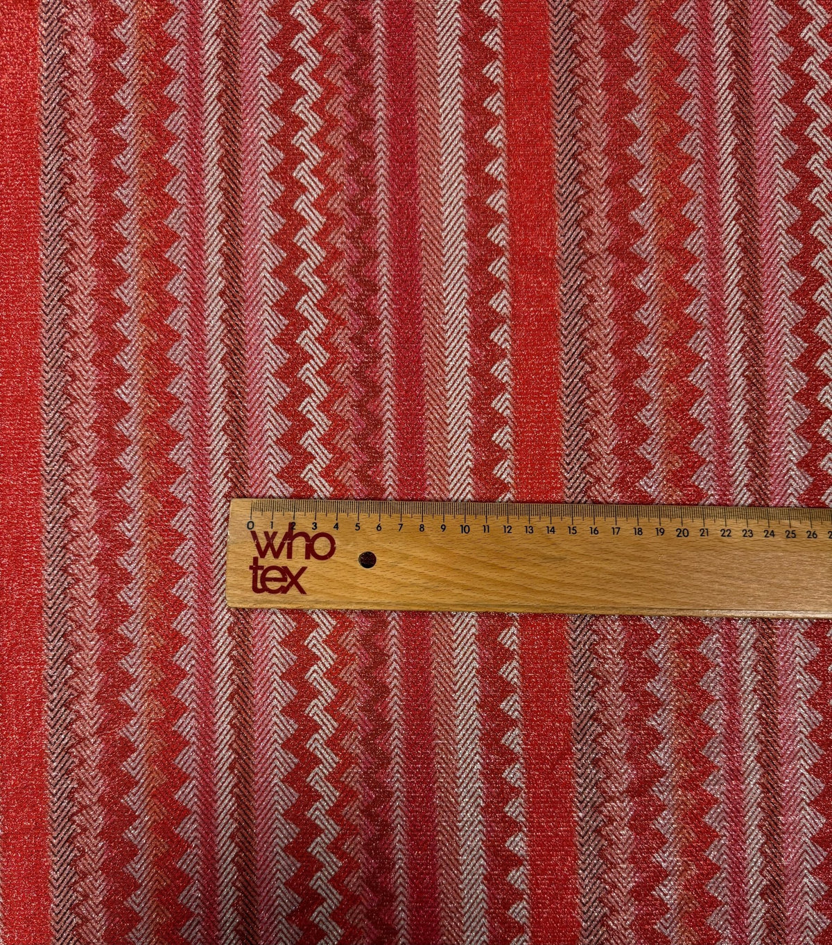 4 - Way Stretch Pink Red Zigzag Knit Fabric with Lurex Accent - Whotex Fabrics London