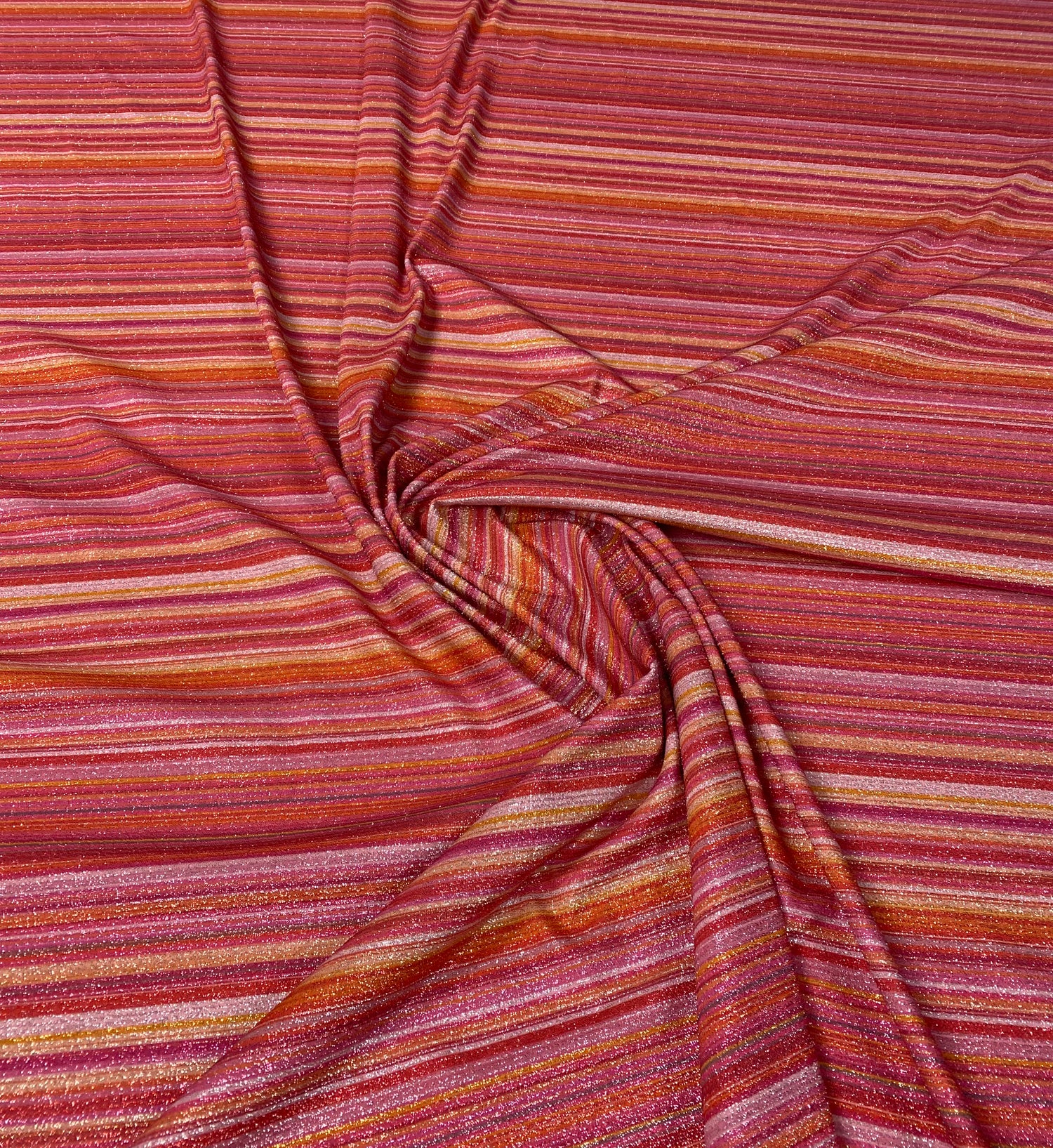 Pembe Turuncu Çizgili Metalik Simli Lurex Kumaş