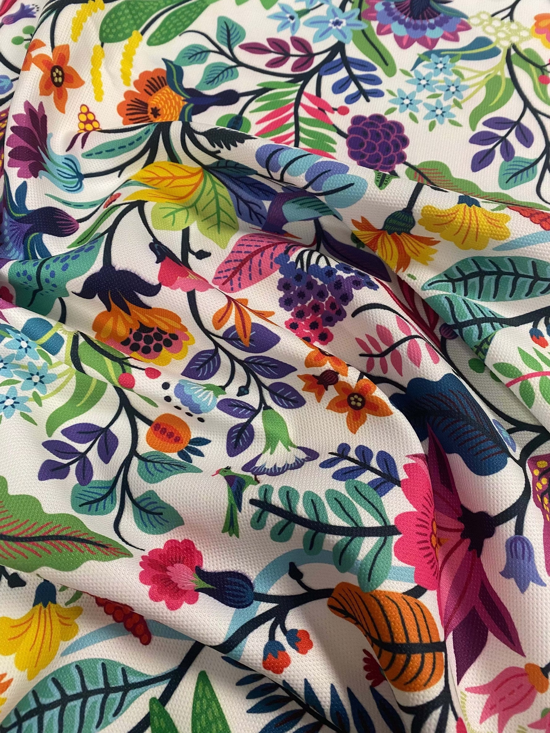 colorful floral design upholstery fabric with vibrant flowers and leaves pattern on polyester material