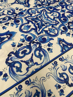 Mojalica Design Upholstery Fabric with elegant blue floral and geometric pattern on white background for home decor