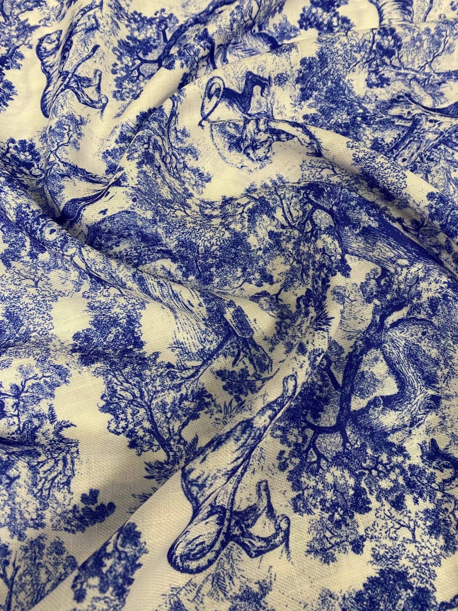 Lion Design Linen Fabric with intricate blue lion and nature patterns on soft beige background for home decor