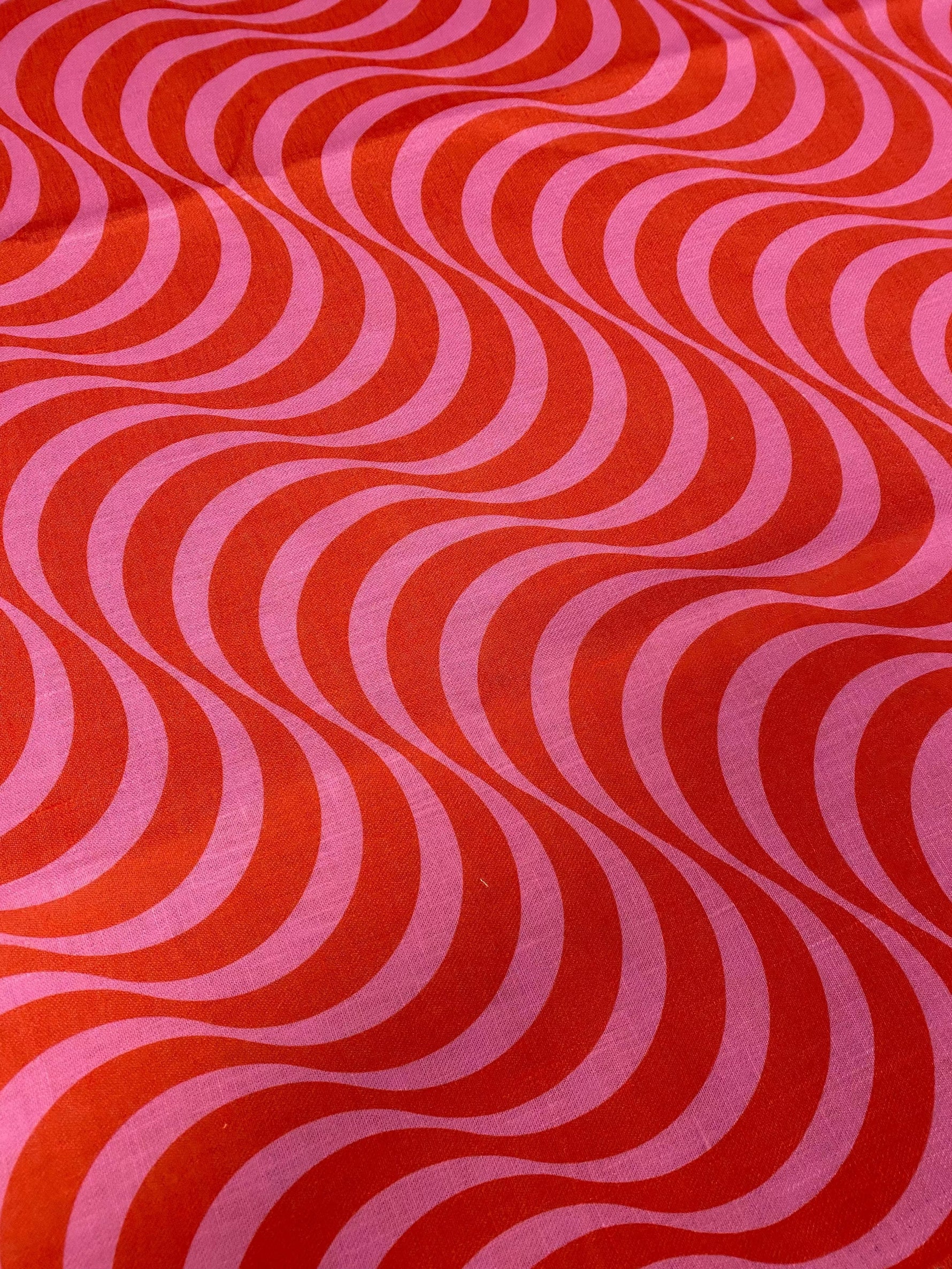 Red and pink retro wave pattern linen fabric for stylish home decor and upholstery