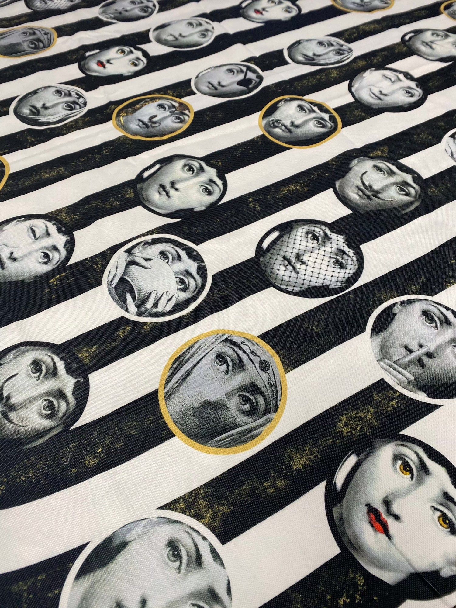 artistic portrait upholstery fabric with black and white striped background and various vintage-style faces in circles for unique home décor