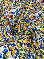 Small linen fabric with colorful Mojalica floral and geometric design for home decor and crafts