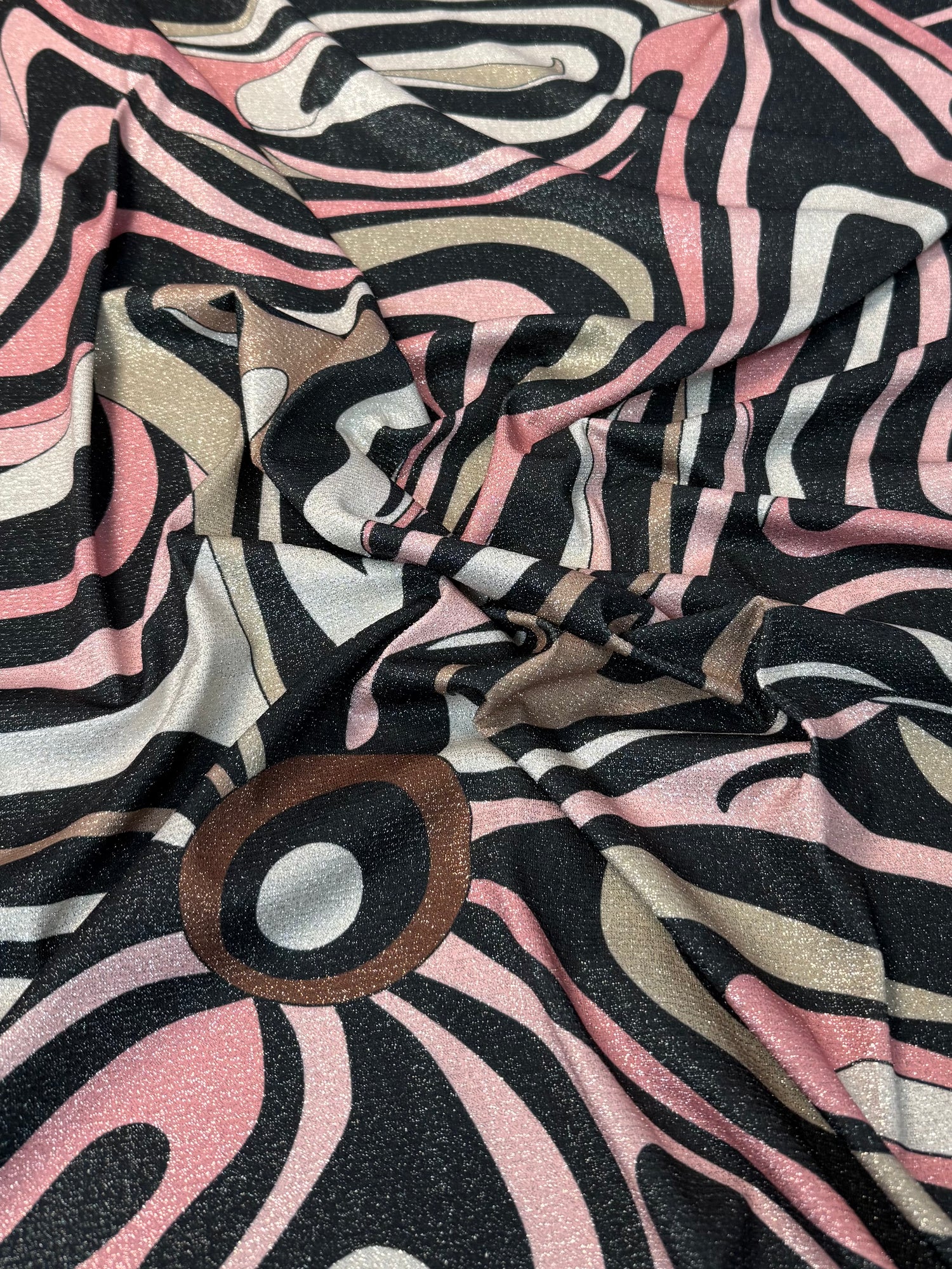 Pembe Retro Soyut Desen Simli Lurex Kumaş