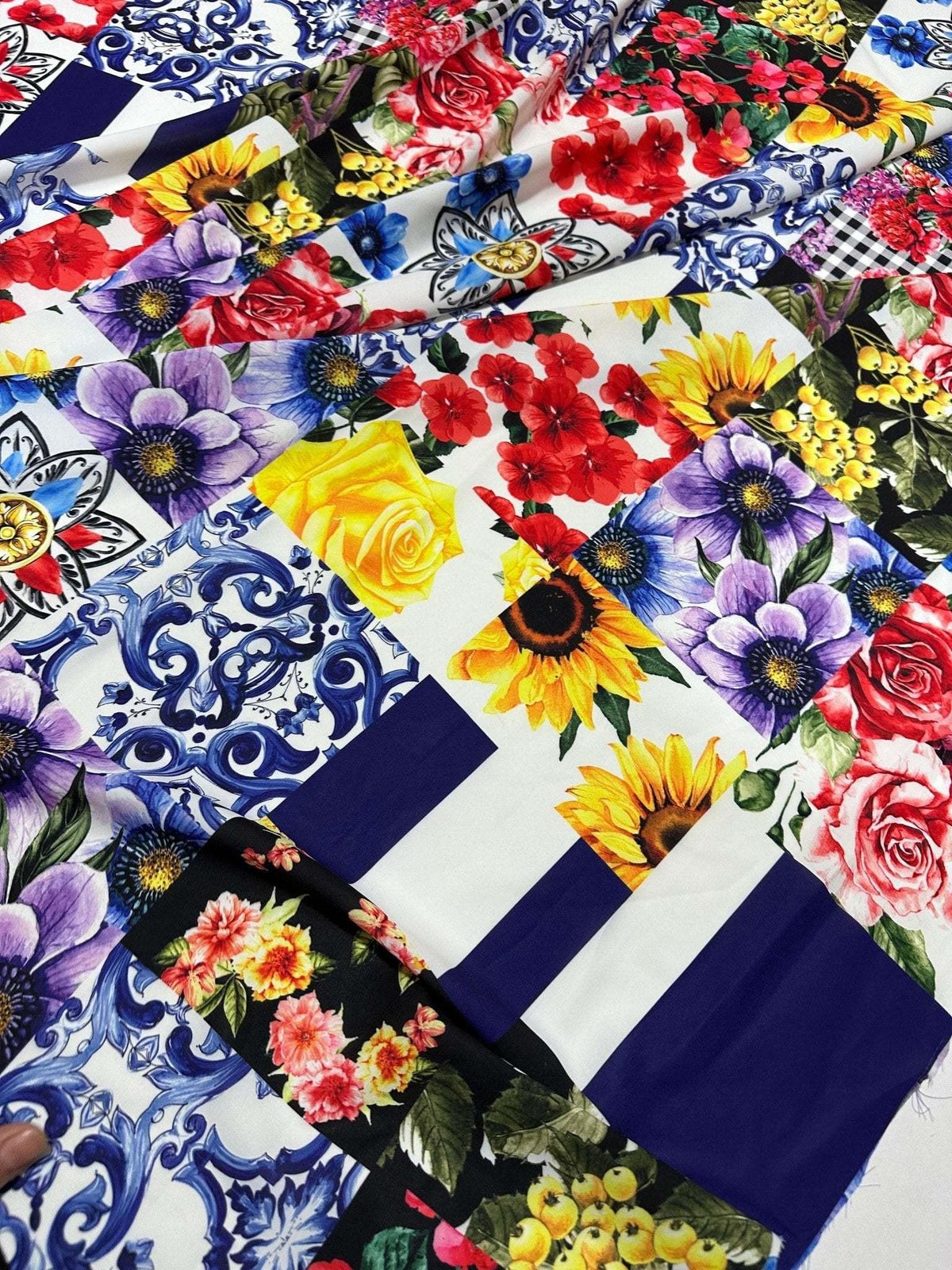 Colorful Majolica Pattern Fabric with floral and traditional tile designs in vibrant hues