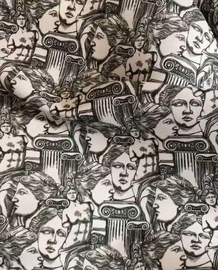 Antik Greek Print Fabric with intricate classical Greek statues and column designs in black and white