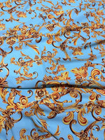 Baby blue fabric with ornate gold baroque print, soft textured fabric by the yard, 150cm width