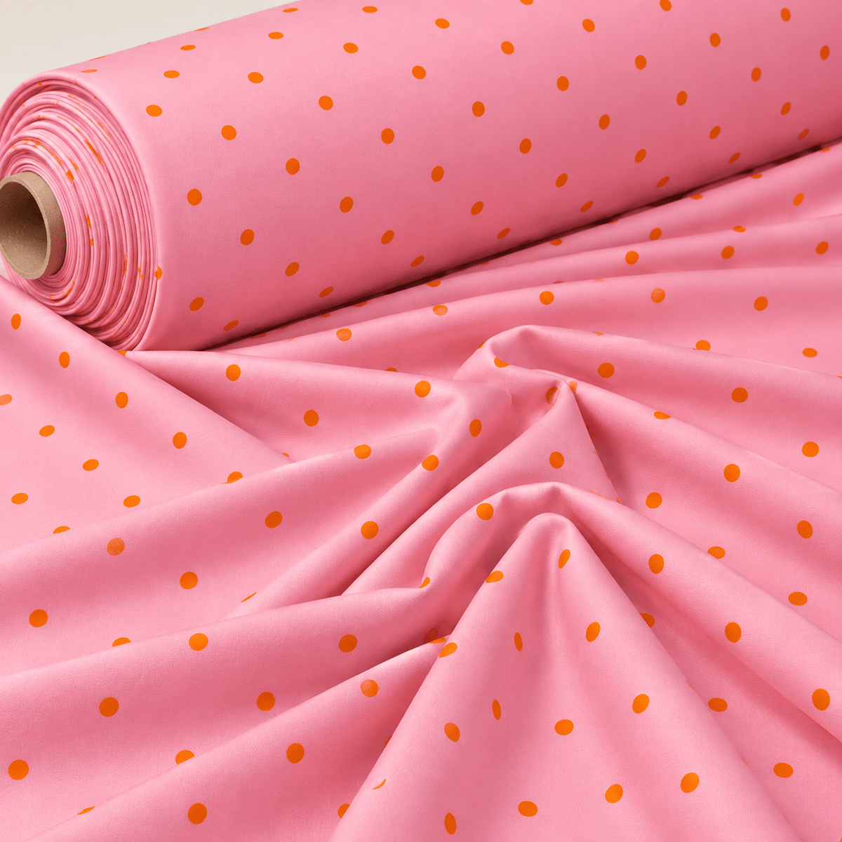 Baby Pink with Orange Polka Dot Satin Fabric by the Metre - Whotex Fabrics London