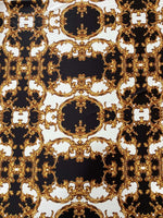 Baroque fabric with black, white, and gold ornate pattern for elegant crafts