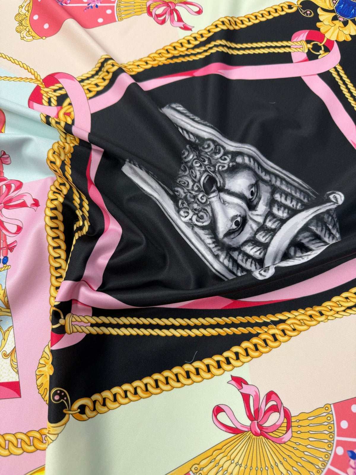 Baroque Chain & Mask Print Spandex Fabric - Whotex Fabrics London