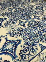 Baroque design upholstery fabric with intricate blue and white patterns for elegant home décor