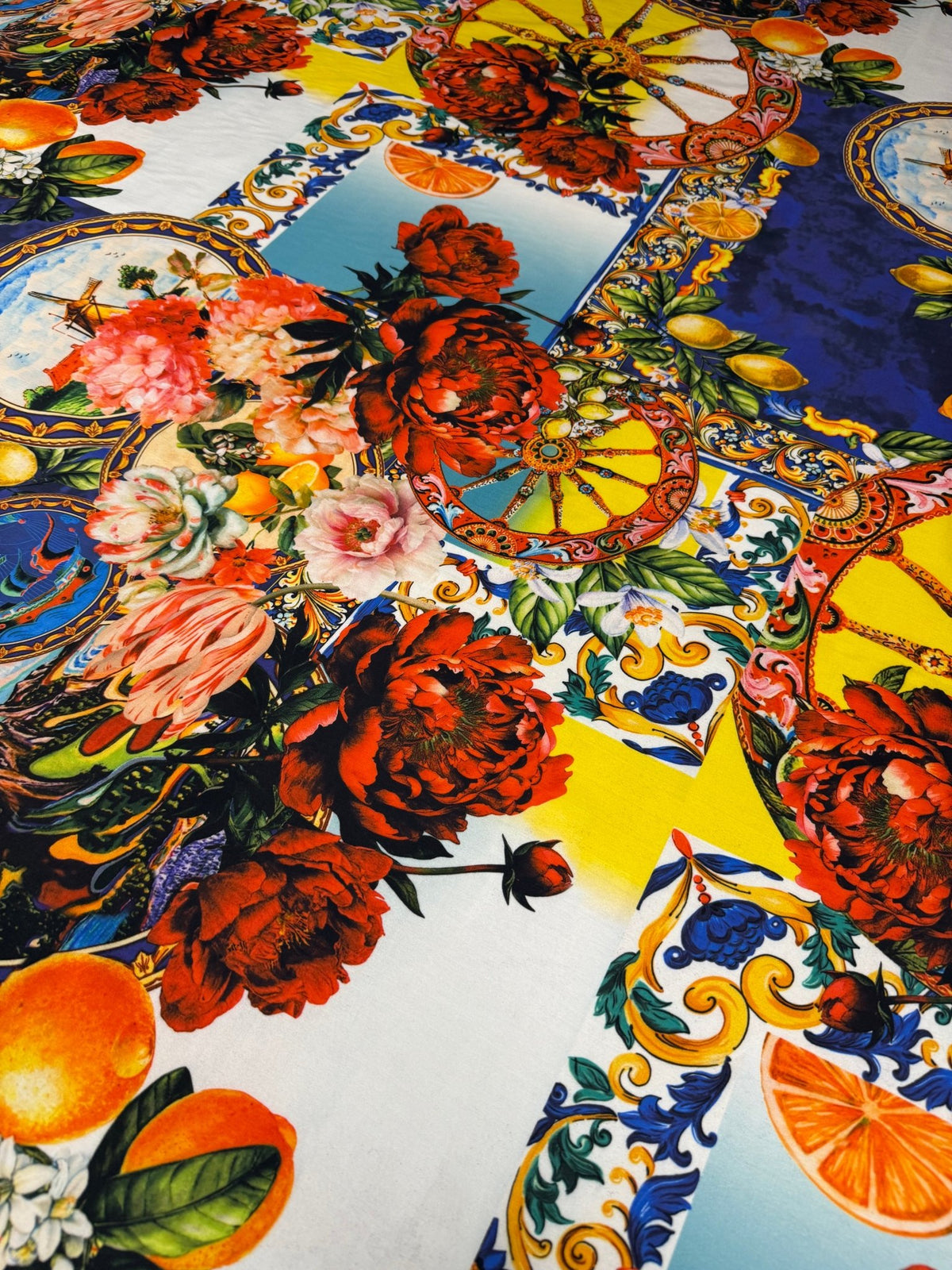 Baroque Floral & Lemons Organic Cotton Poplin Fabric by the Metre - Whotex Fabrics London