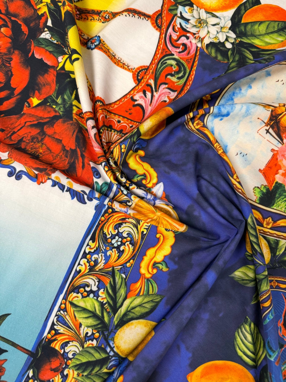 Baroque Floral & Lemons Organic Cotton Poplin Fabric by the Metre - Whotex Fabrics London