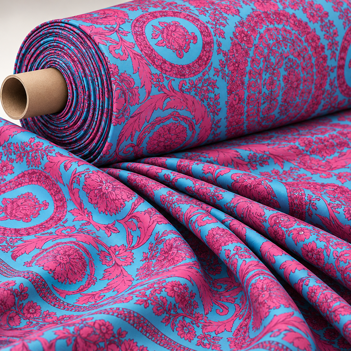 Baroque Floral Lycra Stretch Fabric Turquoise Pink by the Metre - Whotex Fabrics London