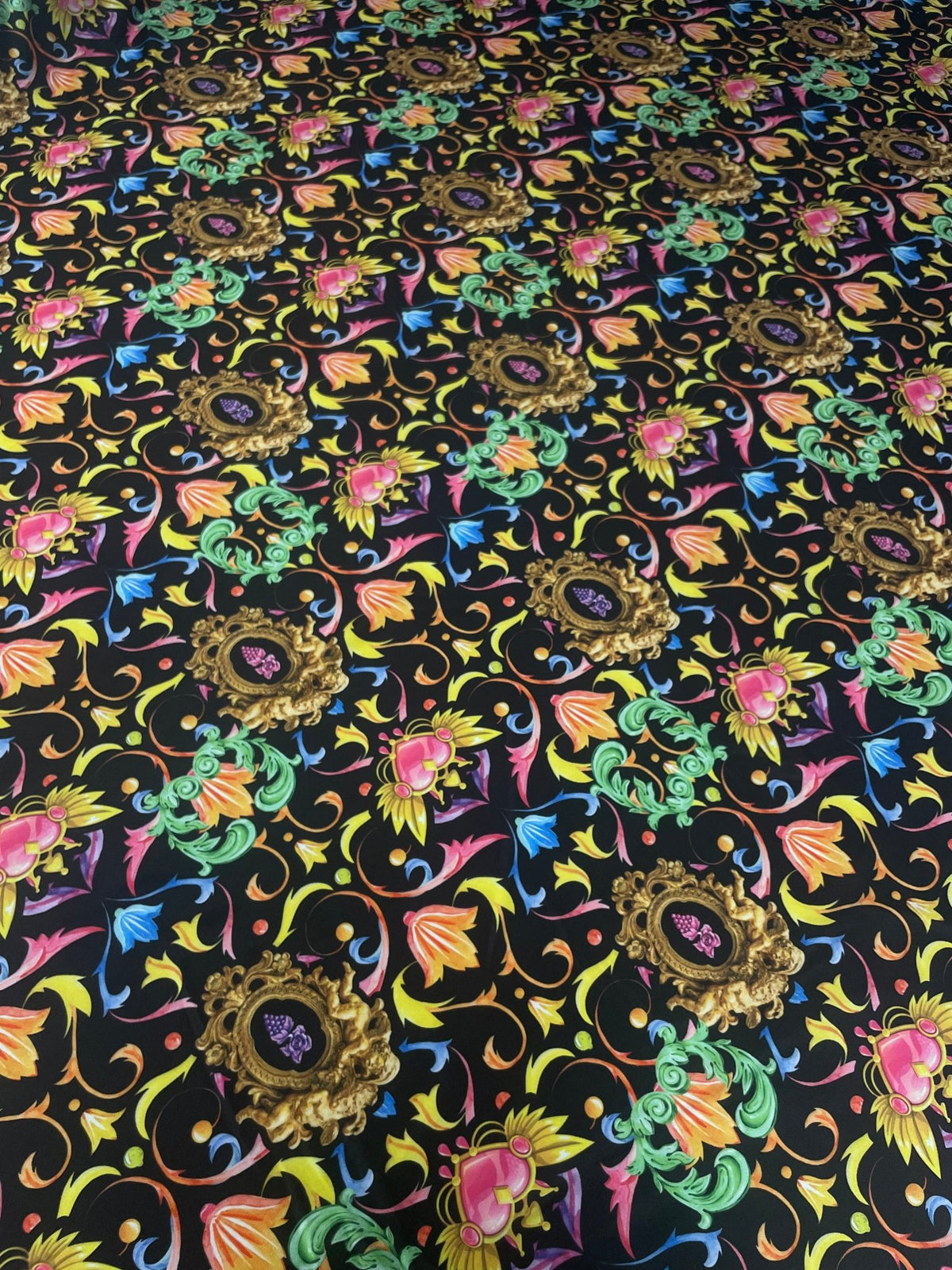 Baroque Floral Spandex Fabric with Gold Motifs - Whotex Fabrics London