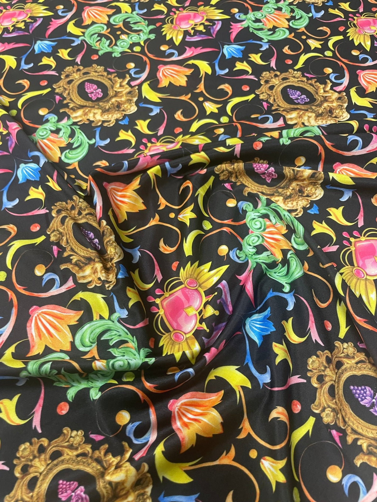 Baroque Floral Spandex Fabric with Gold Motifs - Whotex Fabrics London