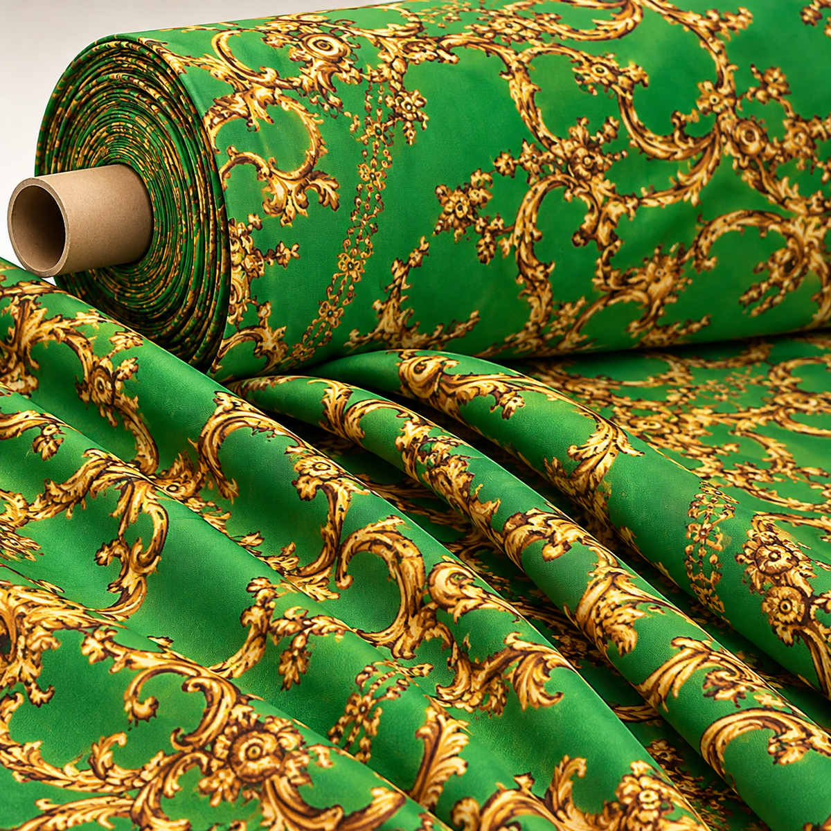 Baroque Green Gold Print Fabric Sold by Metre - Whotex Fabrics London