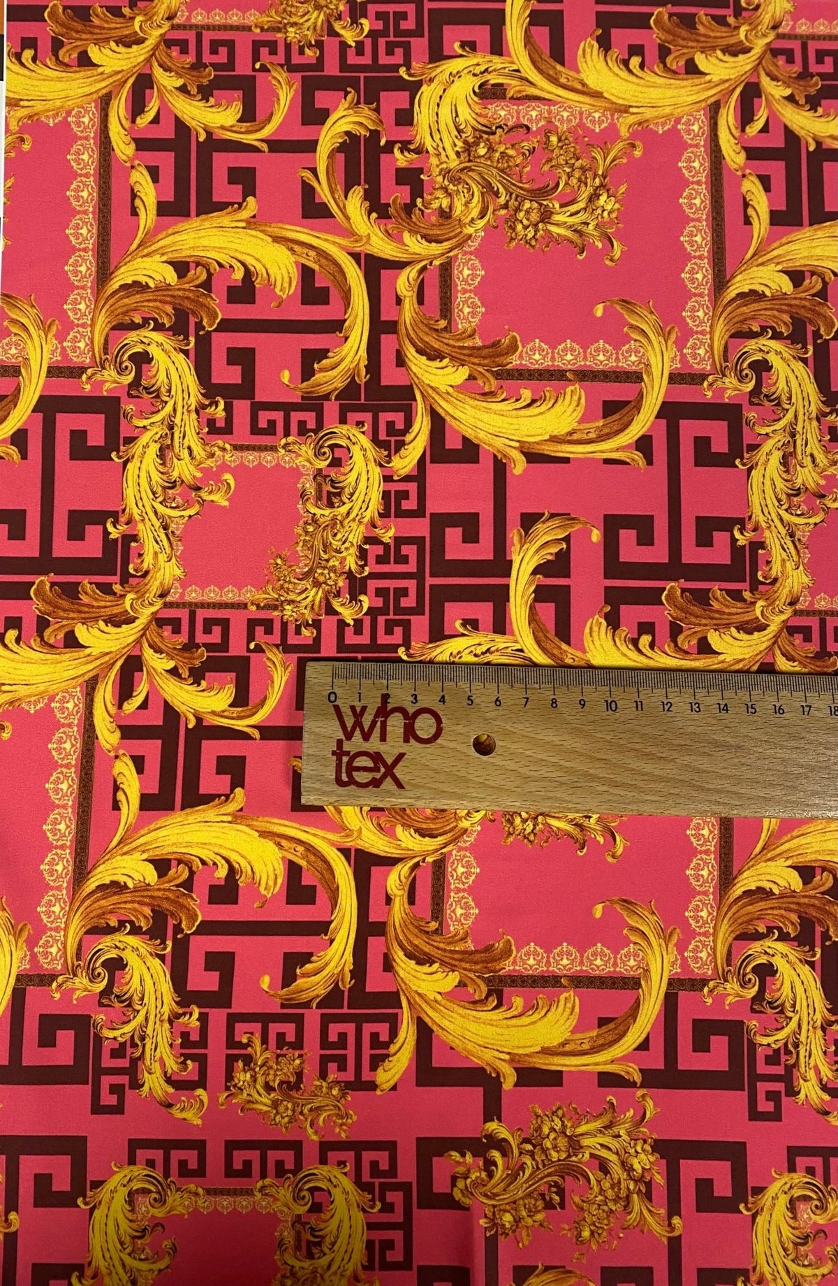 Baroque Pink & Gold Fabric – Luxury Ornate Greek Key Print by the Metre - Whotex Fabrics London