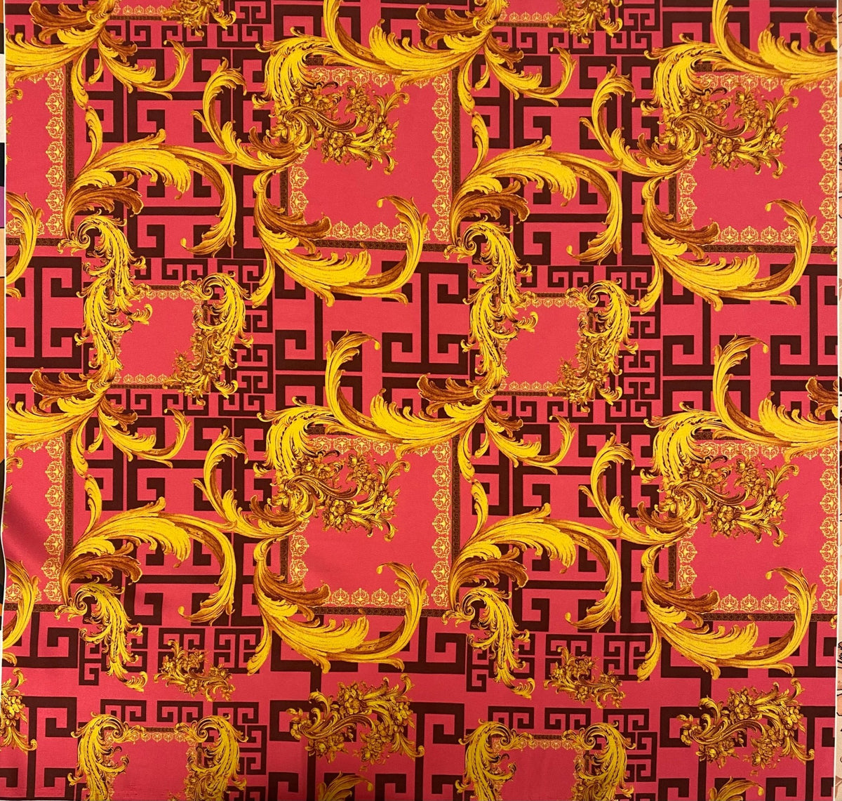 Baroque Pink & Gold Fabric – Luxury Ornate Greek Key Print by the Metre - Whotex Fabrics London