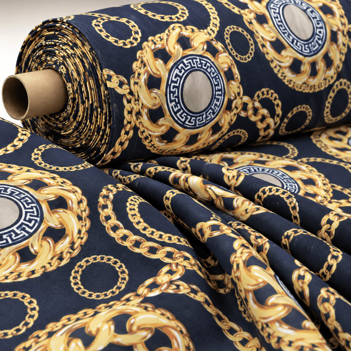 Black and Gold Baroque Pattern Luxury Chain Print Fabric by Metre - Whotex Fabrics London