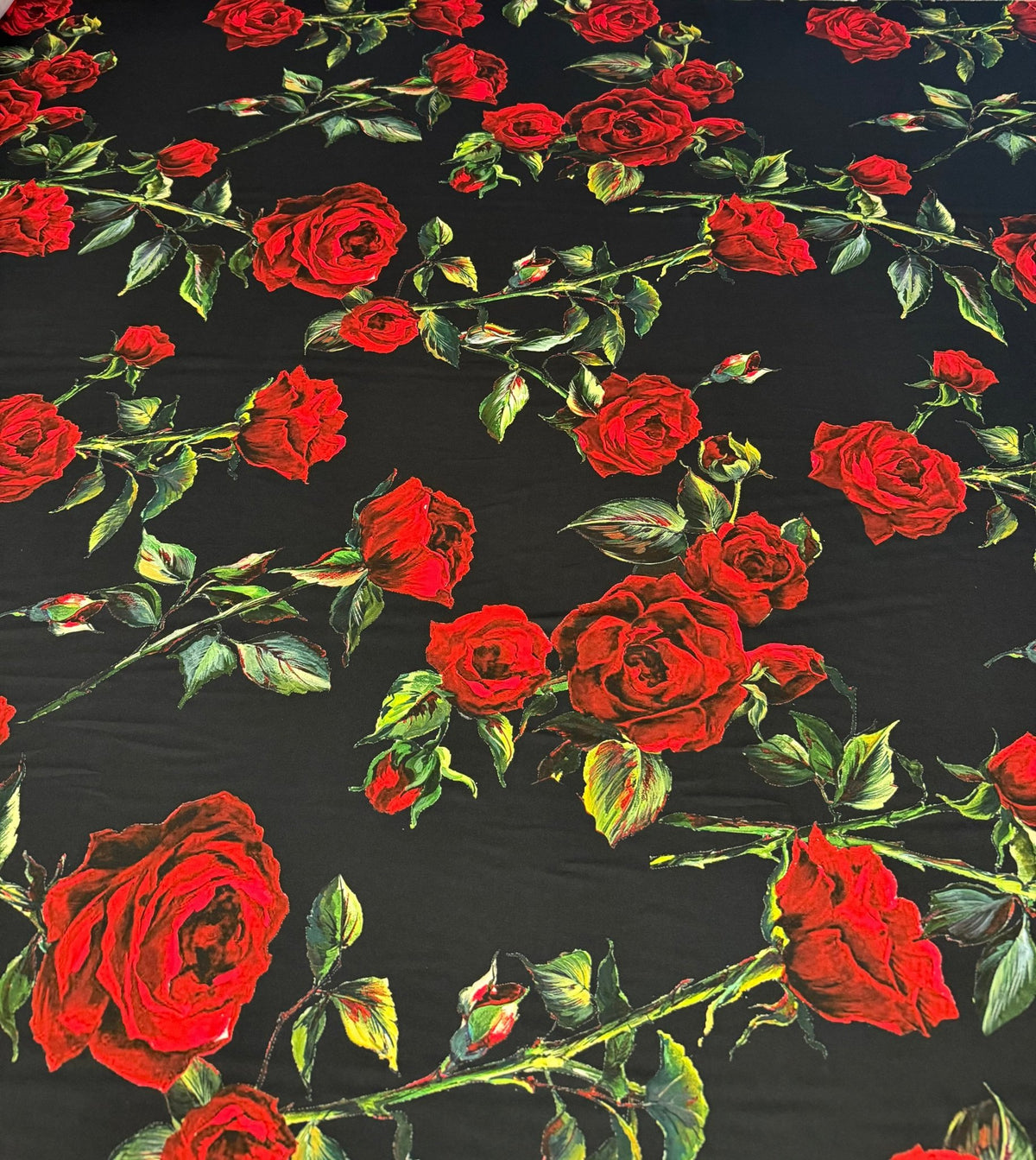 Black and Red Floral Rose Pattern Fabric for Sewing and Crafts – Custom Printed Fabric on Satin, Crepe, Spandex or Chiffon - Whotex Fabrics London