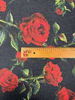Black Rose Print Linen Fabric by the Metre - Whotex Fabrics London