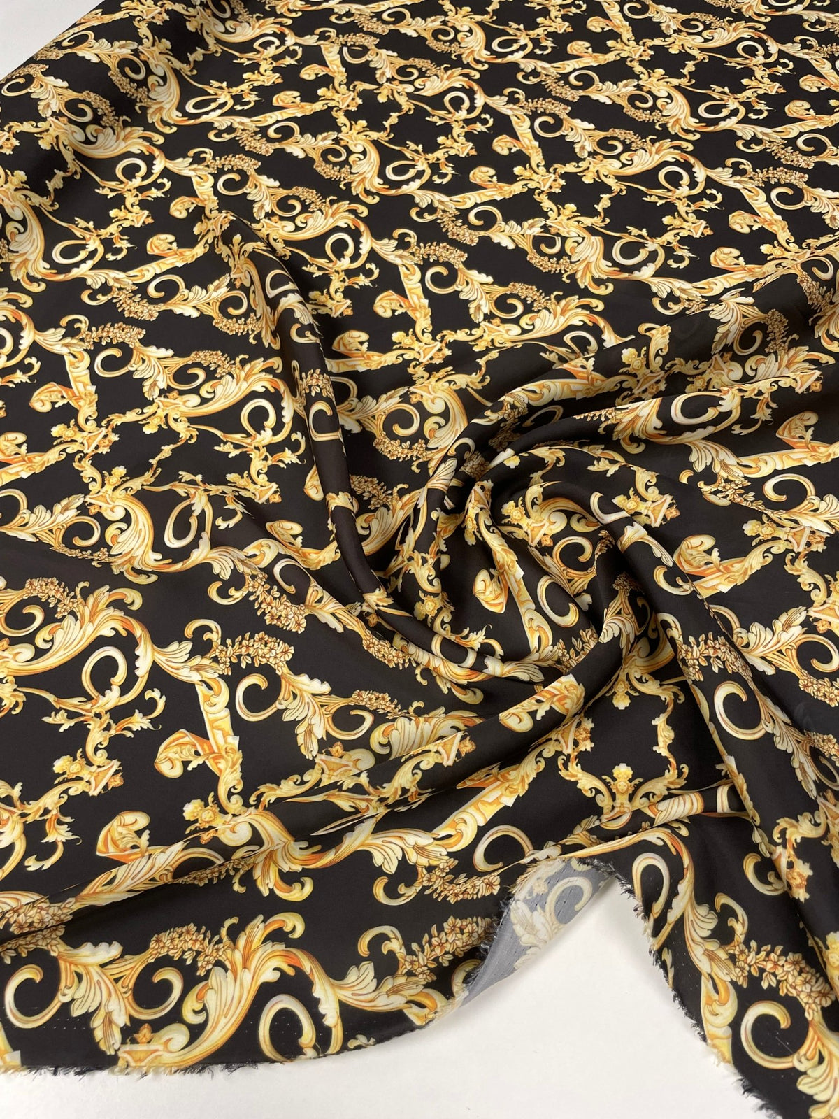 Black Satin Fabric with Gold Baroque Scroll Design - Whotex Fabrics London
