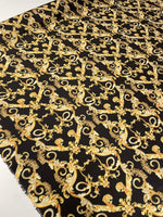 Black Satin Fabric with Gold Baroque Scroll Design - Whotex Fabrics London