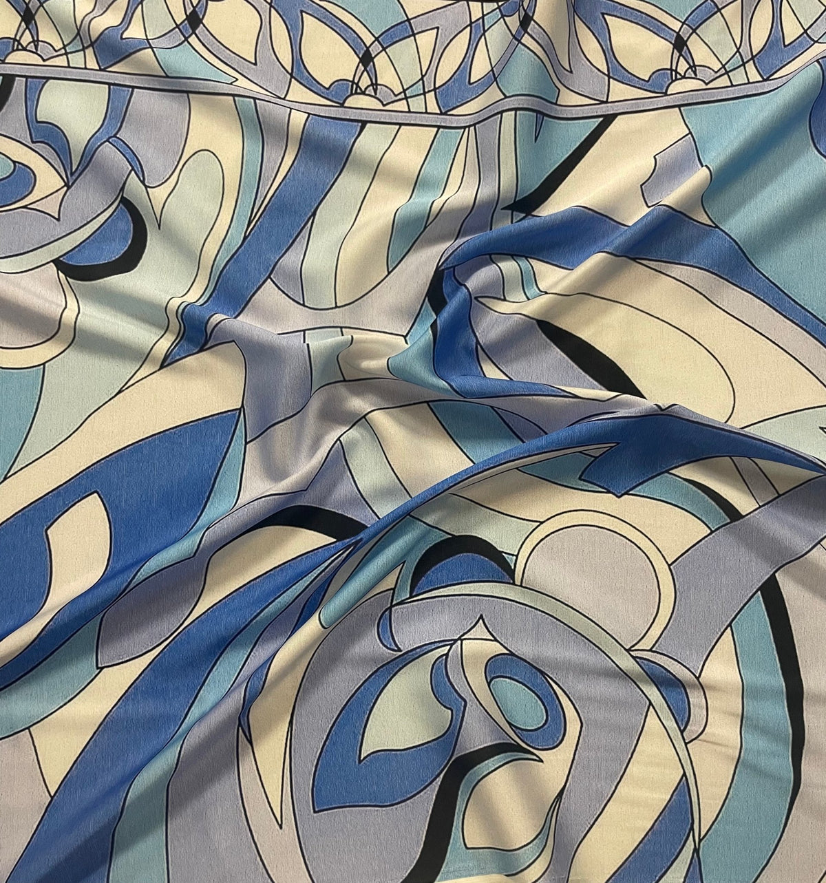 Blue Abstract Fabric – Retro Geometric Wave Print by the Metre - Whotex Fabrics London