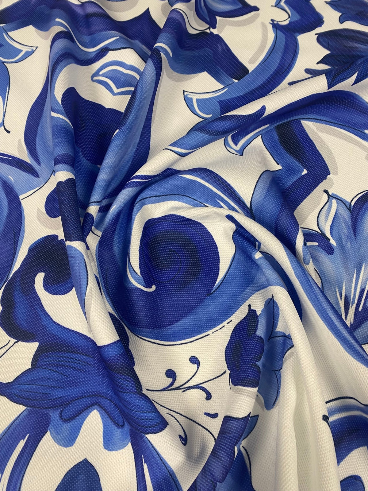 Blue and White Baroque Floral Print Fabric – Fabric by Metre, Multiple Options for Sewing & Dressmaking - Whotex Fabrics London
