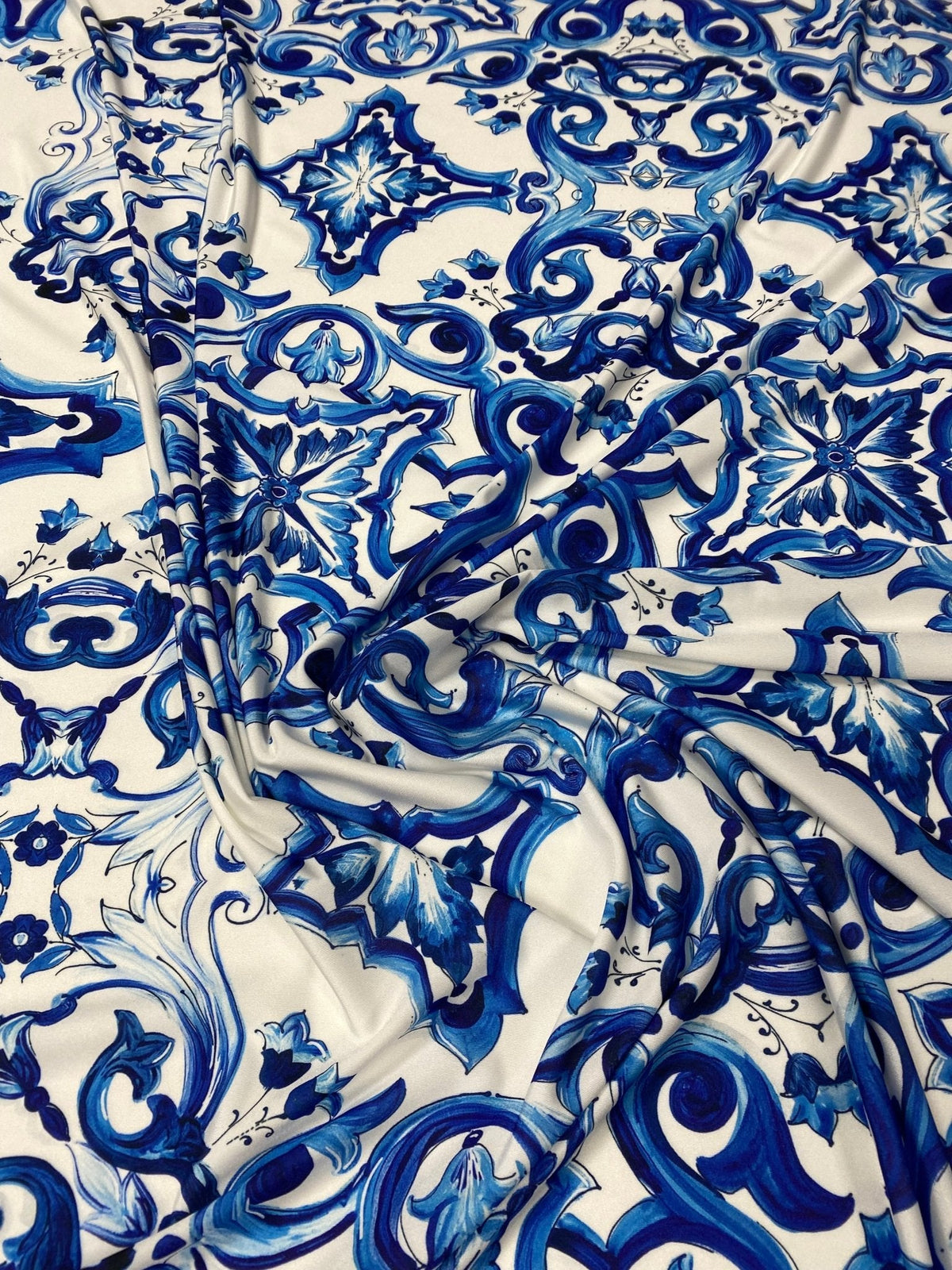 Blue and White Majolica Tile Print Fabric by Metre - Whotex Fabrics London