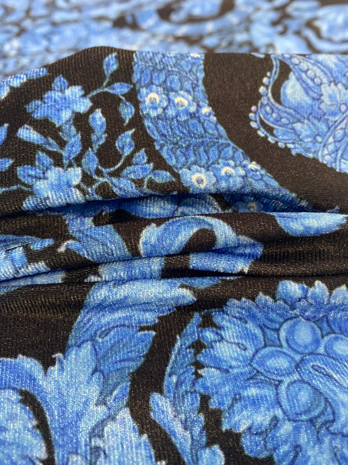 Blue Baroque Floral Fabric by the Metre - Whotex Fabrics London