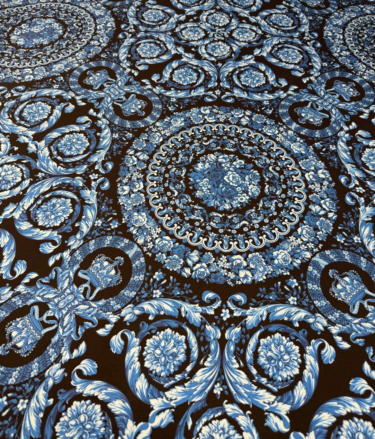 Blue Baroque Medallion Moss Crepe Fabric by the Metre - Whotex Fabrics London