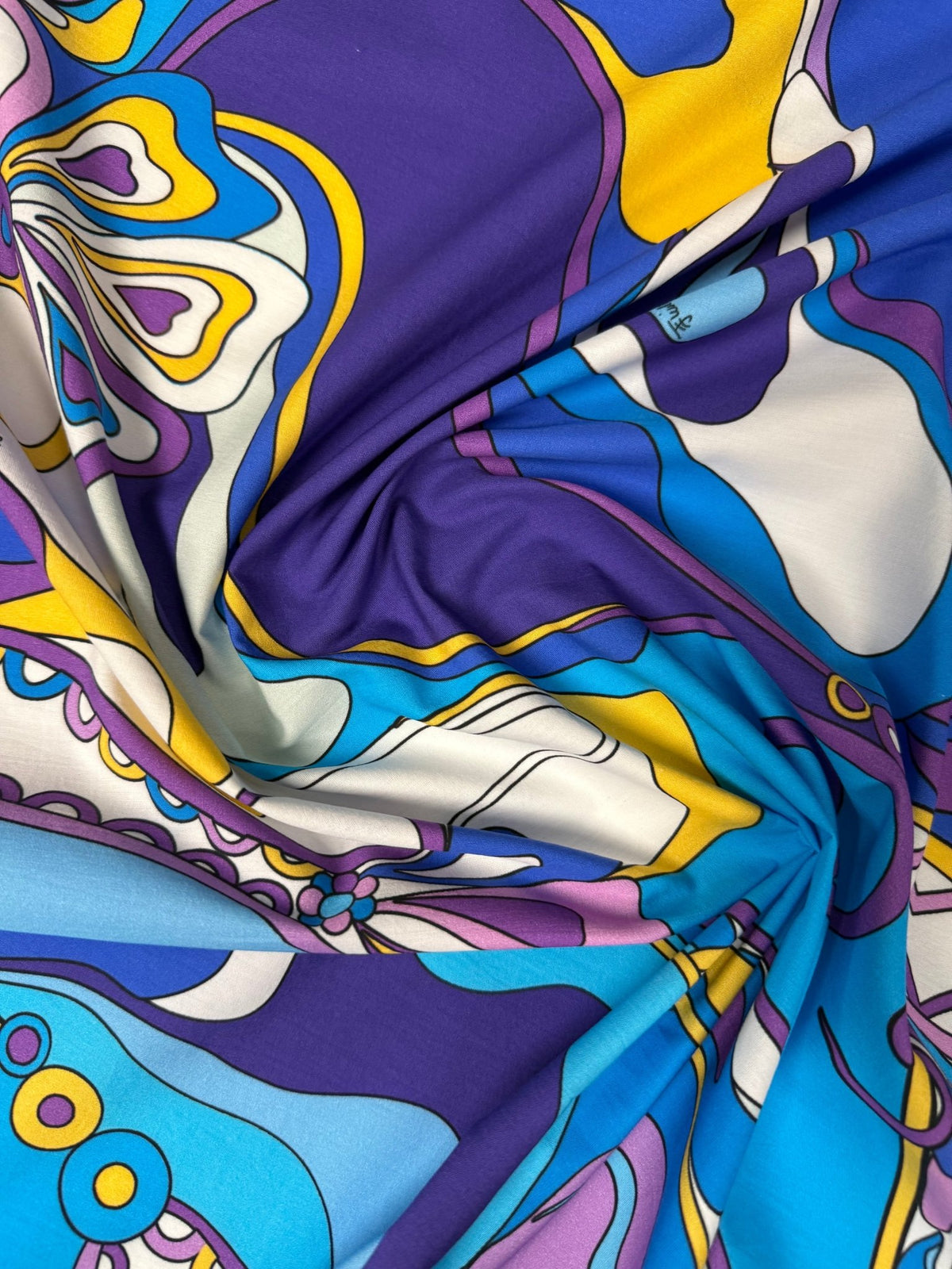 Blue & Mustard Psychedelic Swirl Organic Cotton Poplin Fabric by the Metre - Whotex Fabrics London