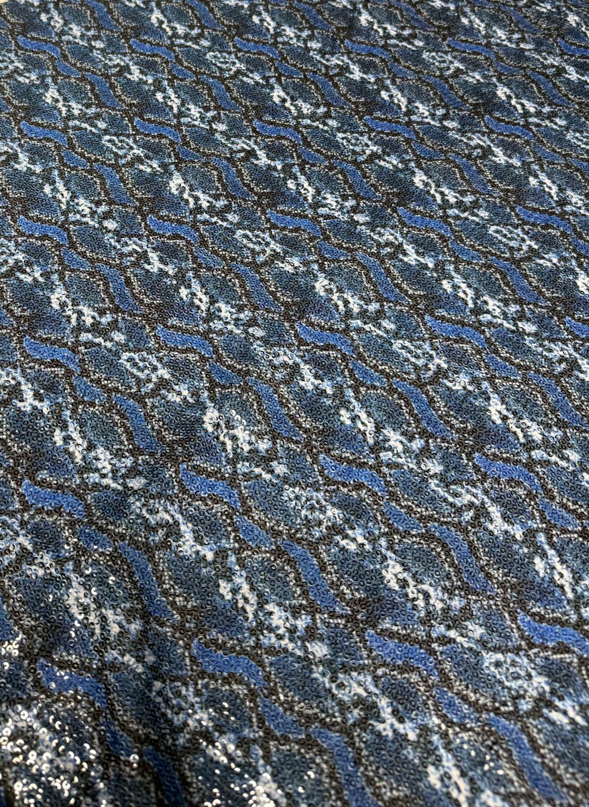 Blue Snake Print Sequin Fabric by the Metre - Whotex Fabrics London