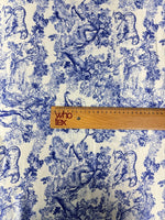 Blue Toile Print Stretch Lycra Satin Fabric by the Metre - Whotex Fabrics London