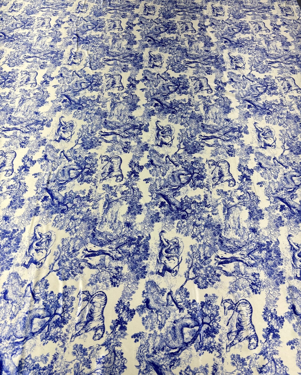 Blue Toile Print Stretch Lycra Satin Fabric by the Metre - Whotex Fabrics London