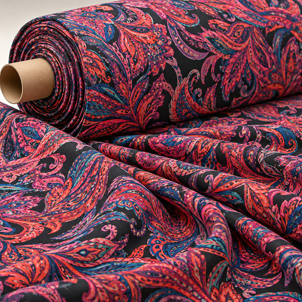 Bold Red Paisley Print Fabric on Black Fabric by the Metre - Whotex Fabrics London