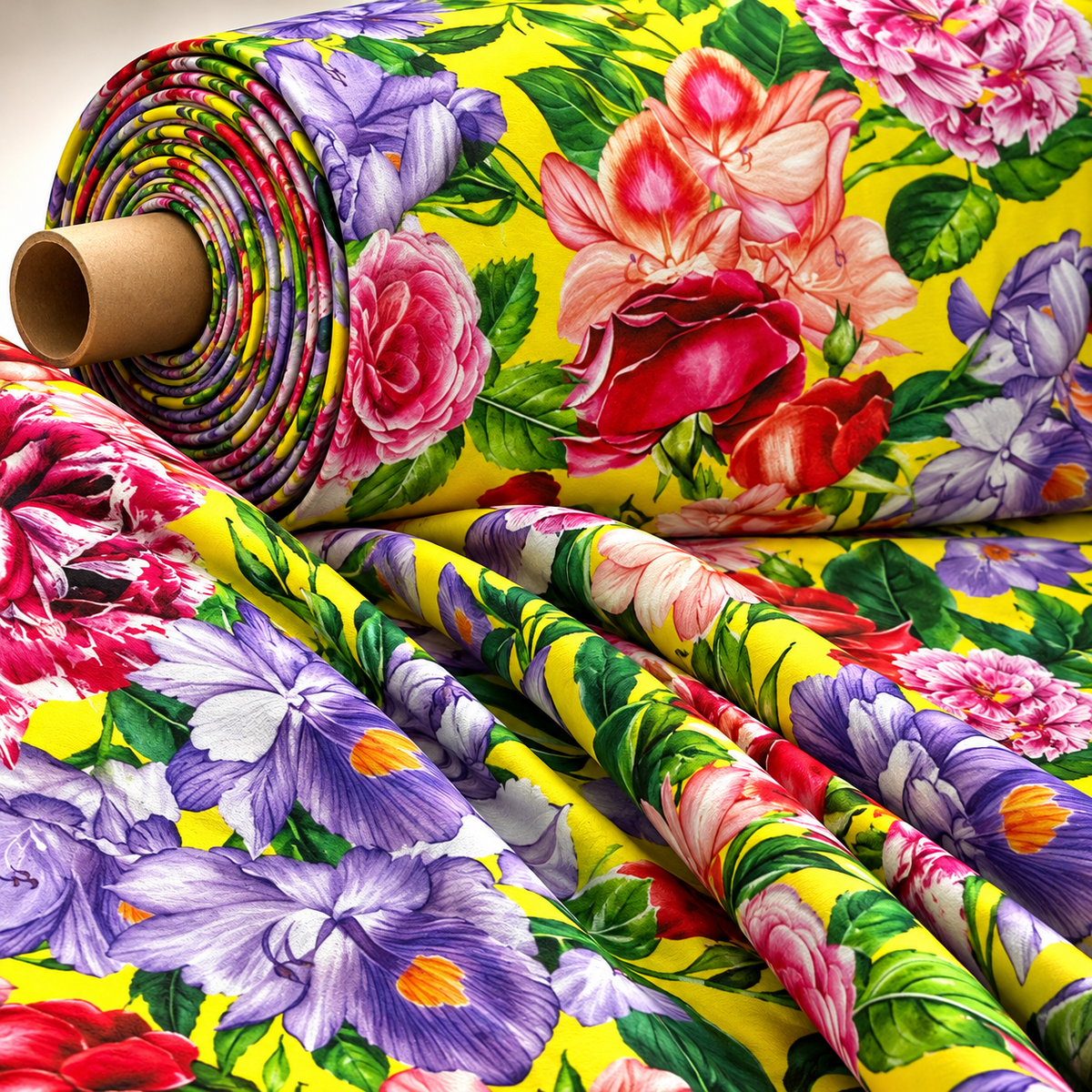 Bright Yellow Rose Floral Fabric by the Metre - Whotex Fabrics London