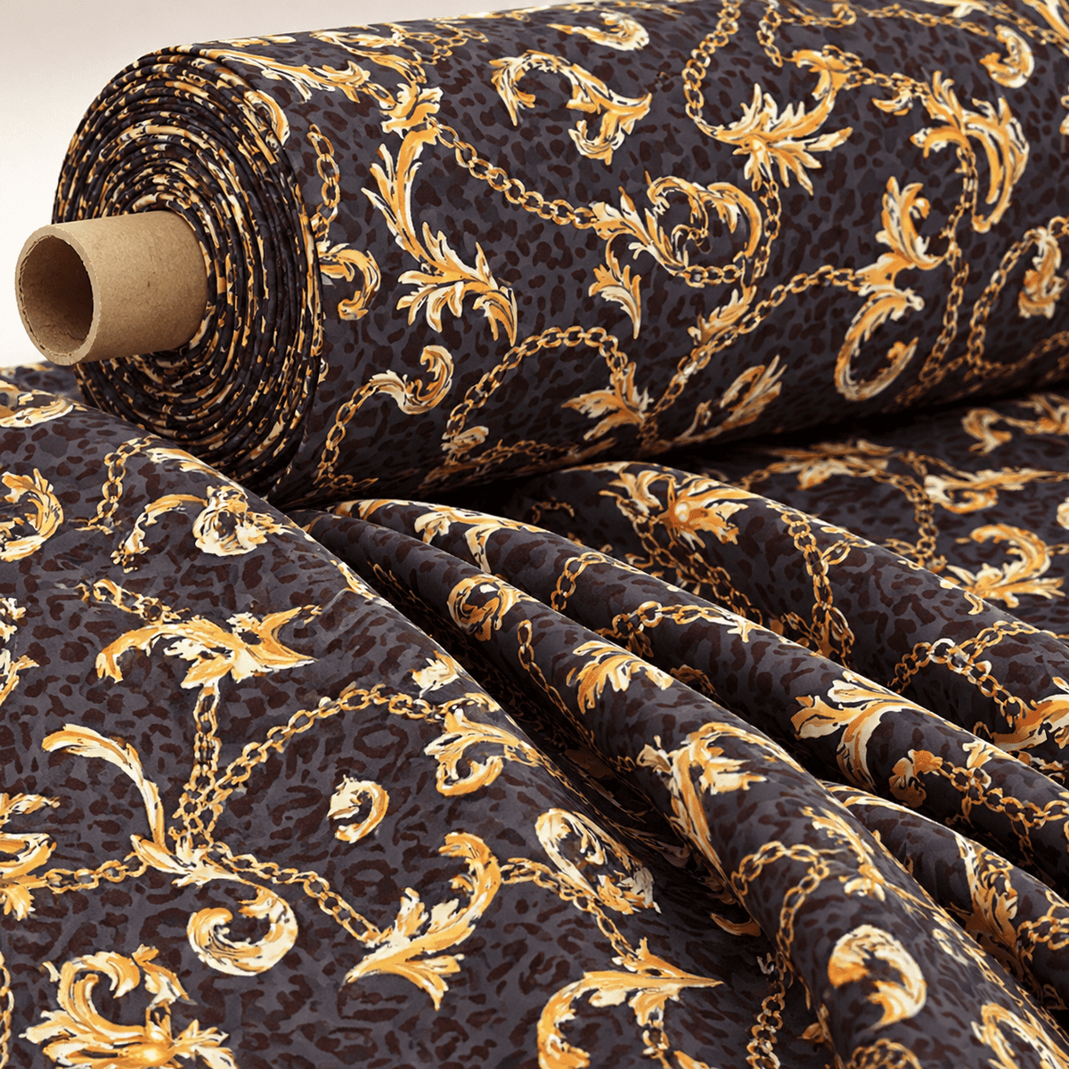 Brown Leopard Print Fabric with Gold Baroque Chains Fabric by Metre - Whotex Fabrics London