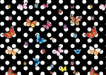 Black fabric with white polka dots featuring colorful butterfly and ladybug patterns for sewing projects.