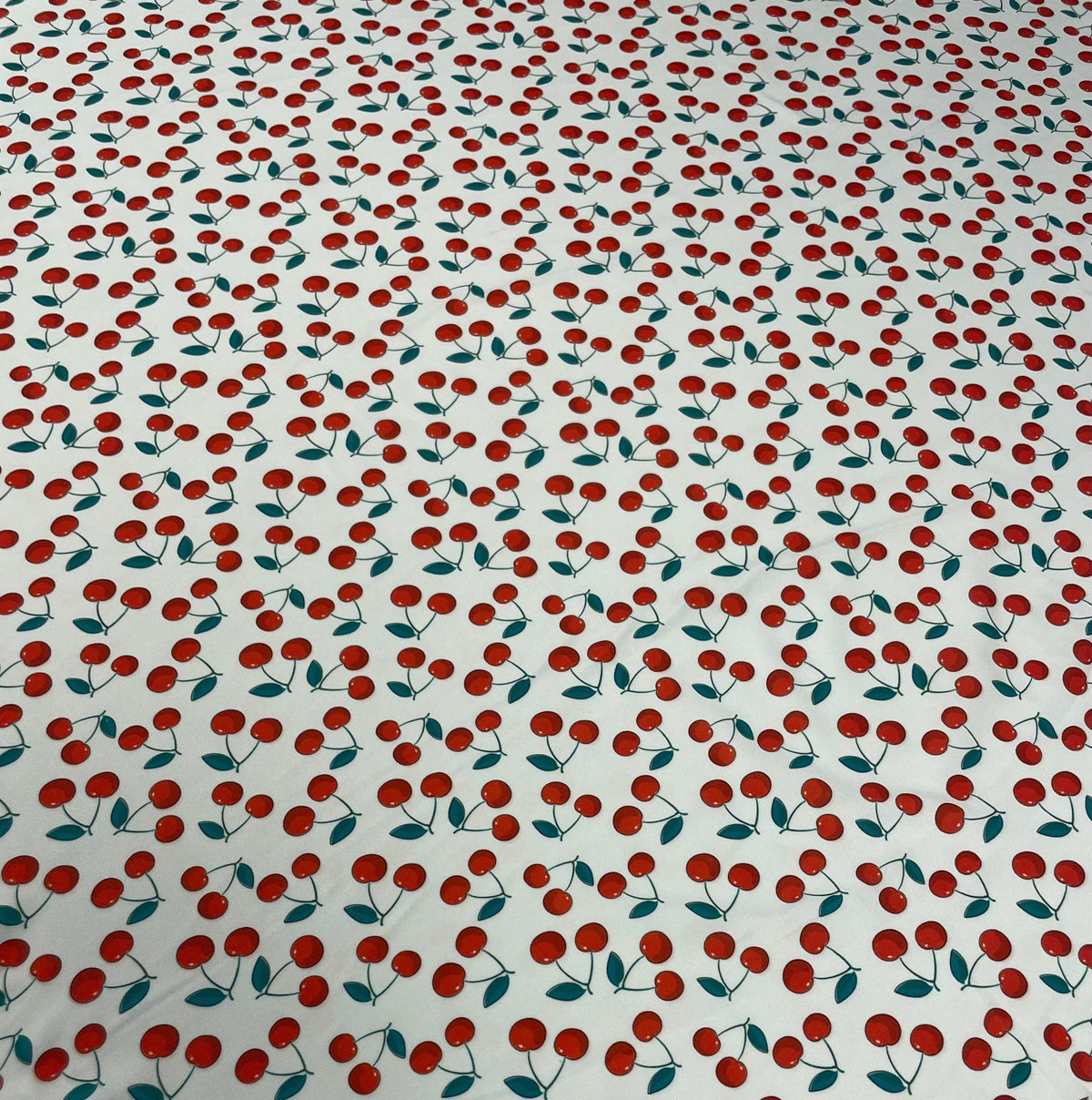 Cherry Print Fabric by the Metre – White Cotton Blend - Whotex Fabrics London