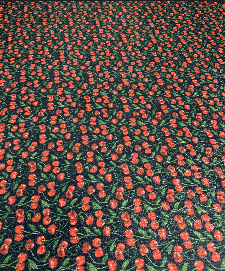 Cherry Print Lurex Fabric by the Metre - Whotex Fabrics London