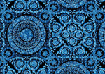 Blue Baroque pattern fabric with intricate floral and scroll designs in vibrant blue on black background