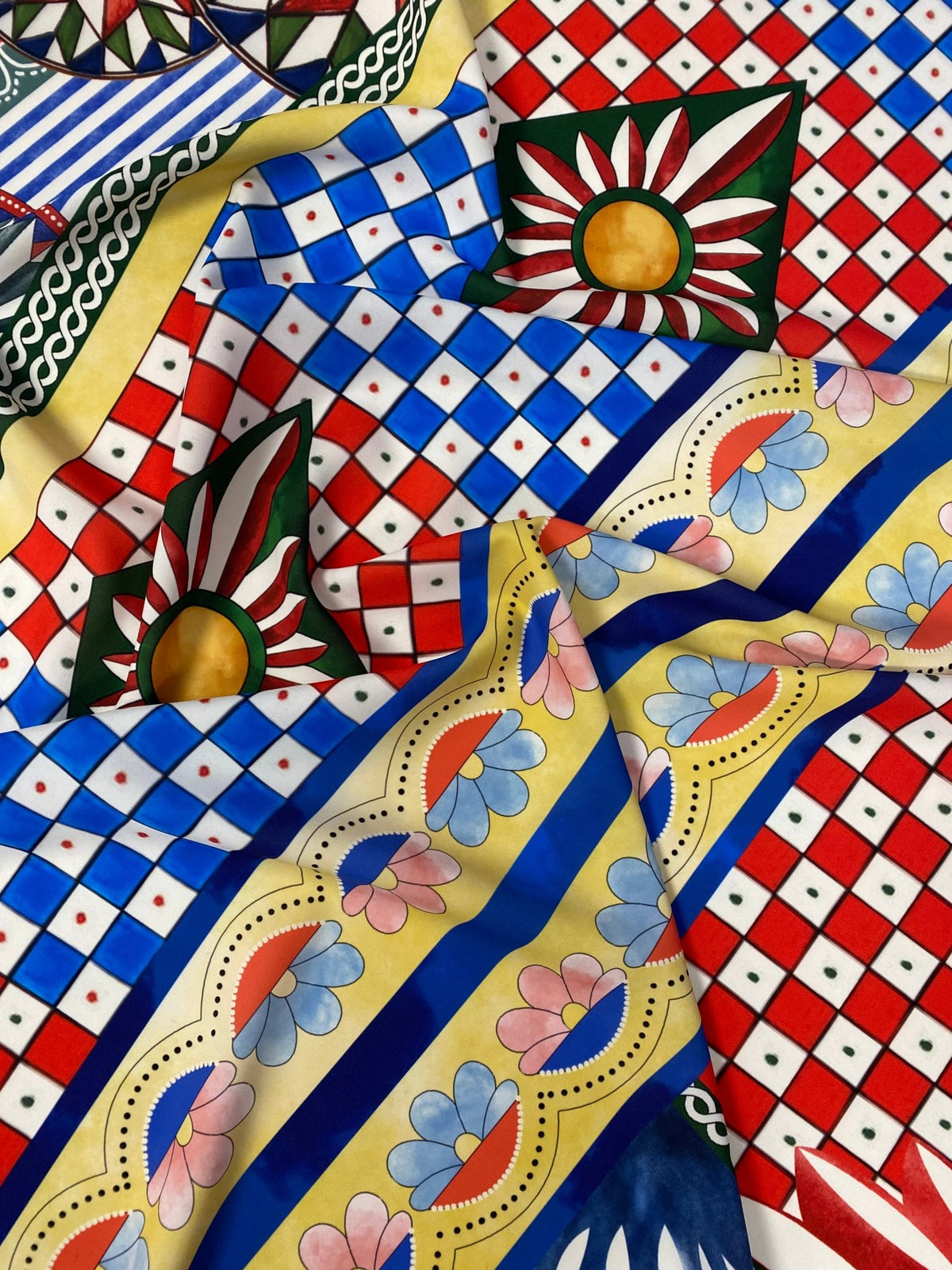 Colourful Geometric Crepe Fabric by the Metre - Whotex Fabrics London