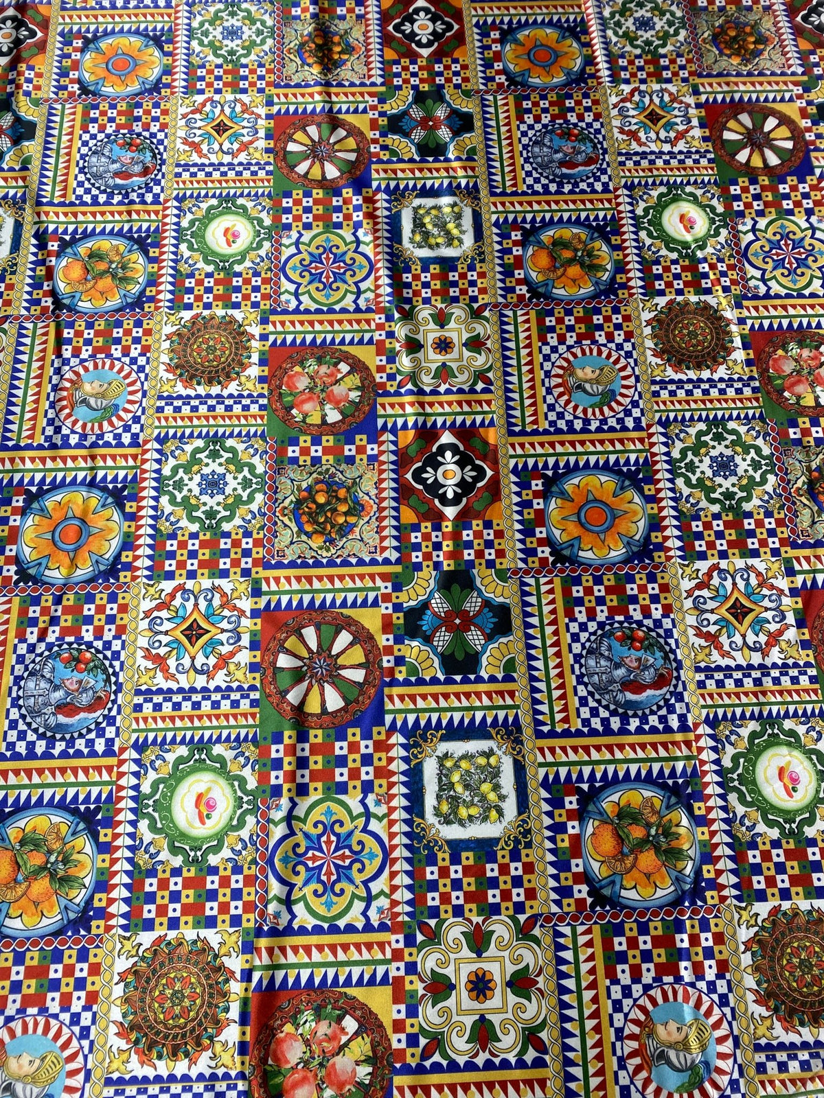Colourful Tile Print Lycra Satin Fabric by the Metre - Whotex Fabrics London
