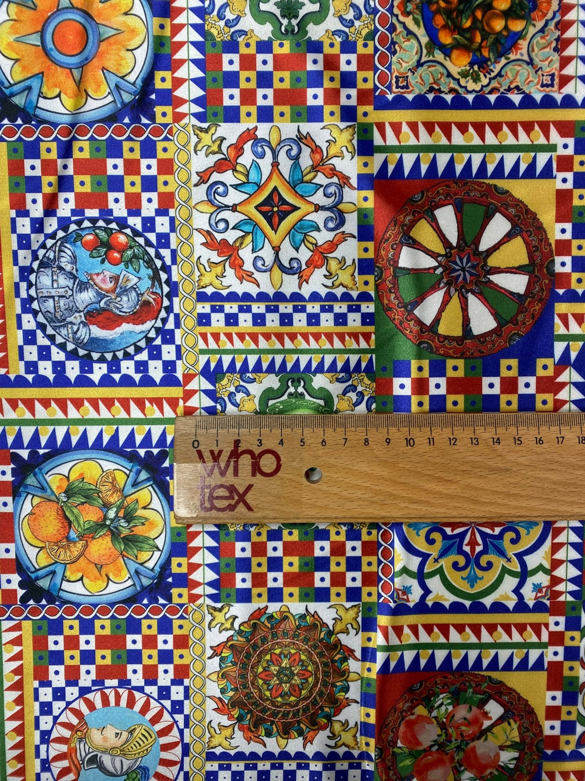 Colourful Tile Print Lycra Satin Fabric by the Metre - Whotex Fabrics London