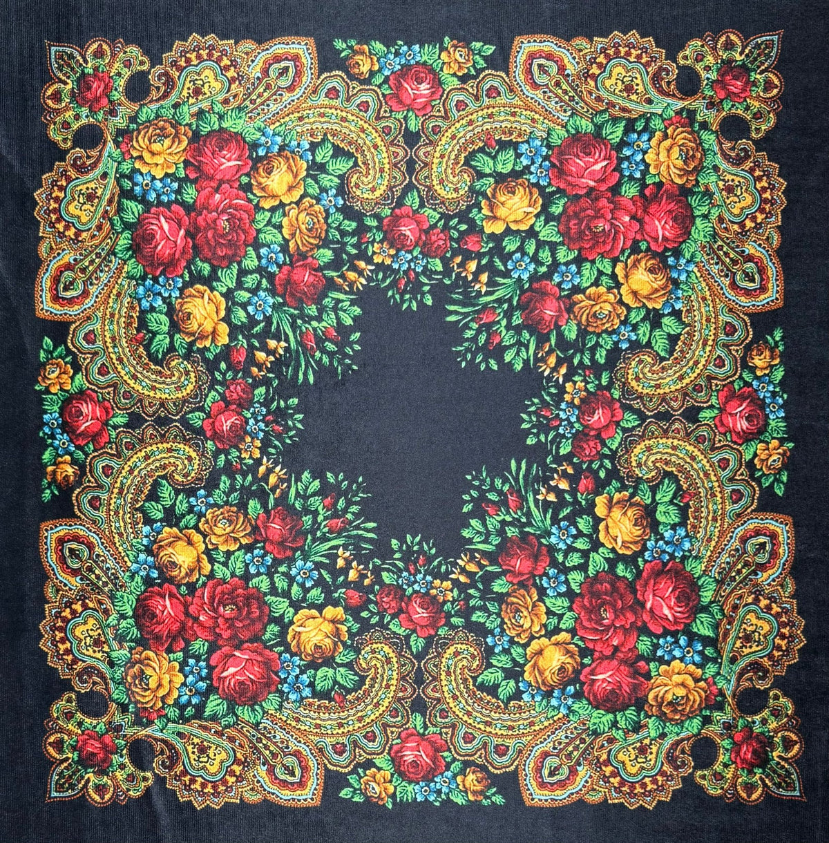 Ethnic Floral Pattern Black Velvet Fabric - Whotex Fabrics London
