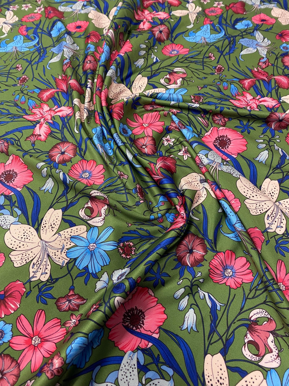 Floral Spandex Fabric – Green Base Stretch Material by Metre - Whotex Fabrics London